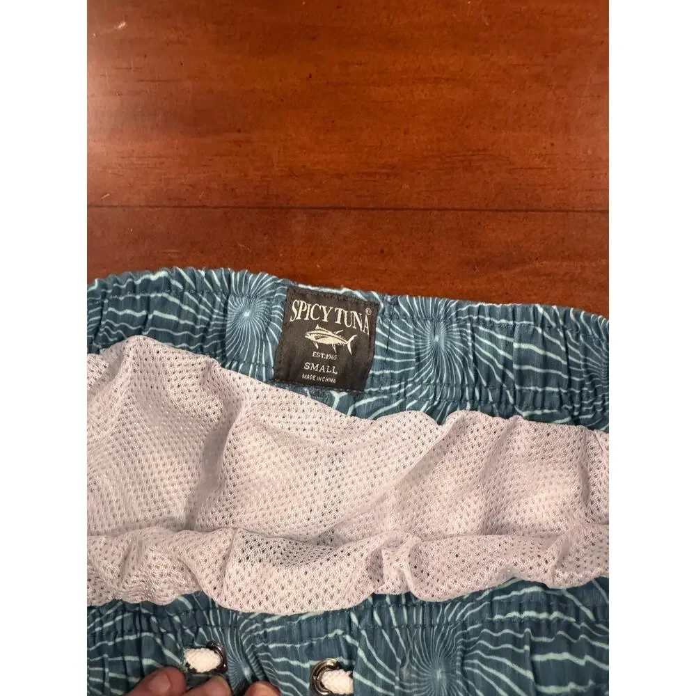Spicy Tuna Lined Drawstring Swim Trunks Men Small Black Green Board Shorts NWT